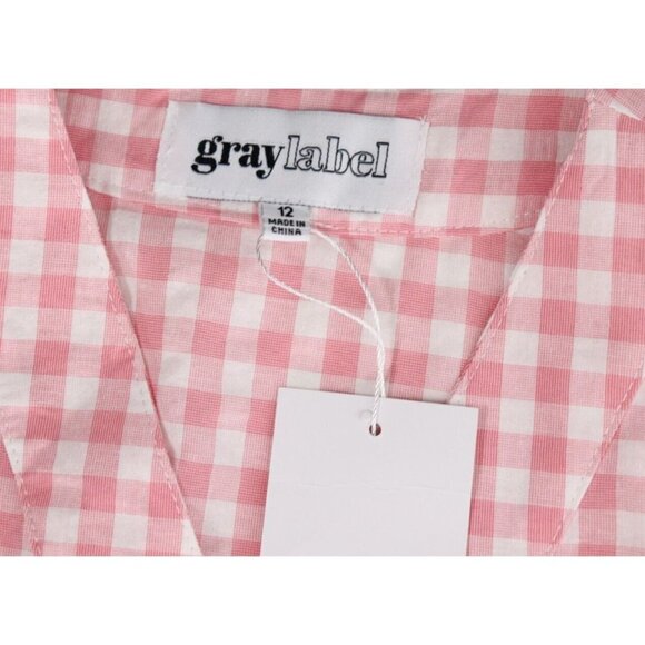 Gray Label Women's US12 Pink White Gingham Dress Tie-Up V-Neck Pockets Midi NWT - Picture 4 of 12
